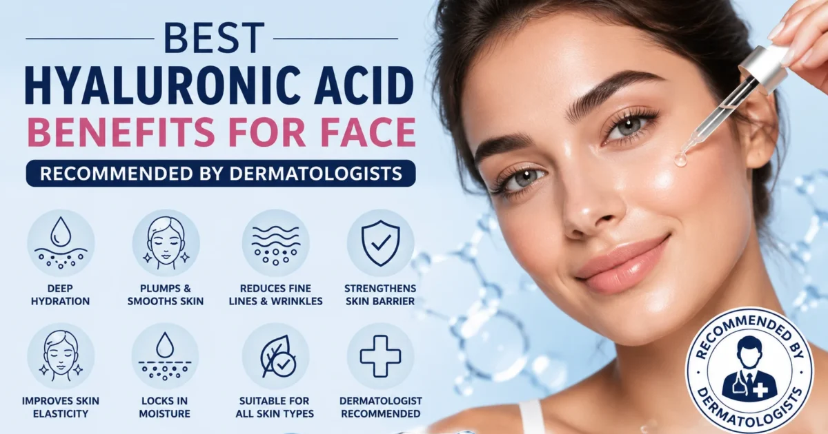 "Best hyaluronic acid benefits for face infographic showing deep hydration, smoother skin, wrinkle reduction, and dermatologist-recommended skincare solutions.