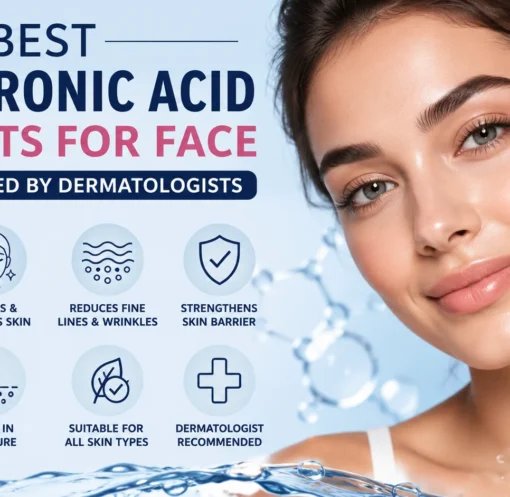 "Best hyaluronic acid benefits for face infographic showing deep hydration, smoother skin, wrinkle reduction, and dermatologist-recommended skincare solutions.