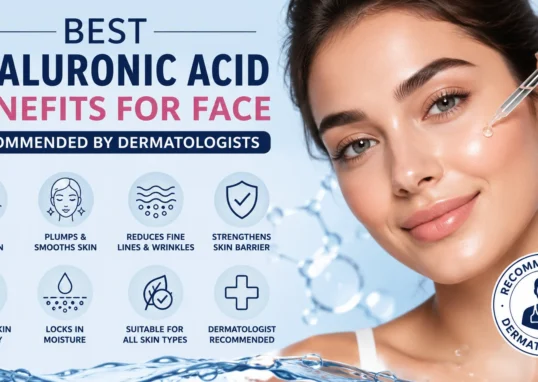 "Best hyaluronic acid benefits for face infographic showing deep hydration, smoother skin, wrinkle reduction, and dermatologist-recommended skincare solutions.