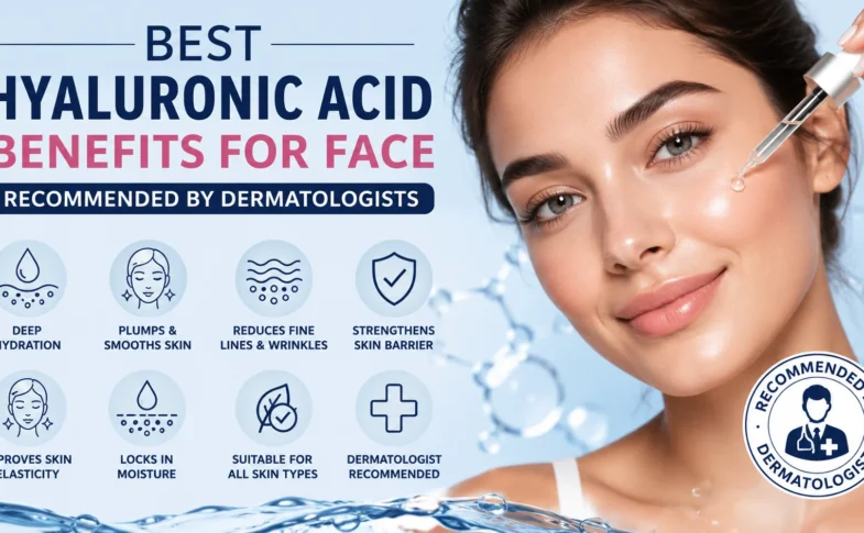 "Best hyaluronic acid benefits for face infographic showing deep hydration, smoother skin, wrinkle reduction, and dermatologist-recommended skincare solutions.