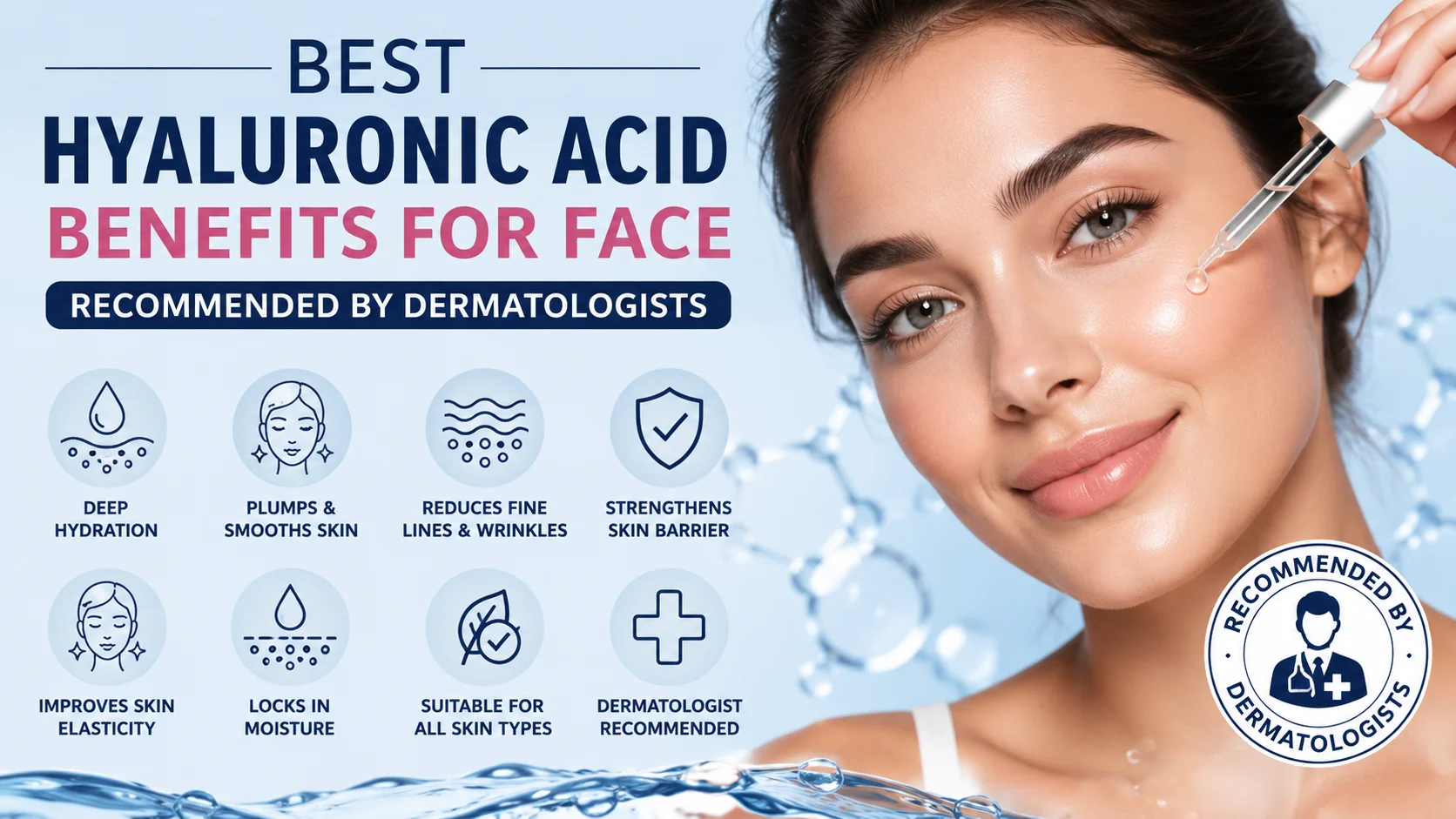 "Best hyaluronic acid benefits for face infographic showing deep hydration, smoother skin, wrinkle reduction, and dermatologist-recommended skincare solutions.