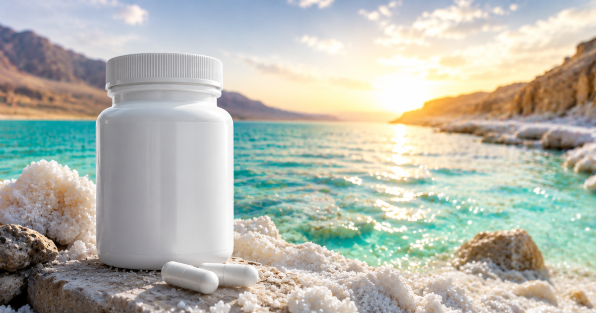 Magnesium supplement bottle and capsules on a mineral-rich Dead Sea shoreline with turquoise water at sunrise