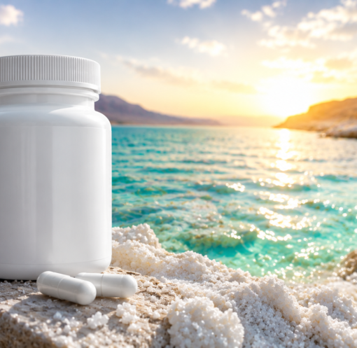 Magnesium supplement bottle and capsules on a mineral-rich Dead Sea shoreline with turquoise water at sunrise