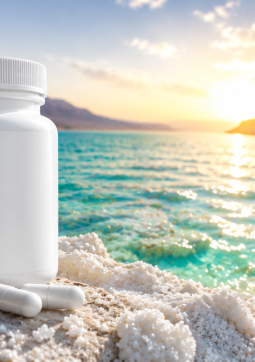 Magnesium supplement bottle and capsules on a mineral-rich Dead Sea shoreline with turquoise water at sunrise
