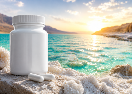 Magnesium supplement bottle and capsules on a mineral-rich Dead Sea shoreline with turquoise water at sunrise