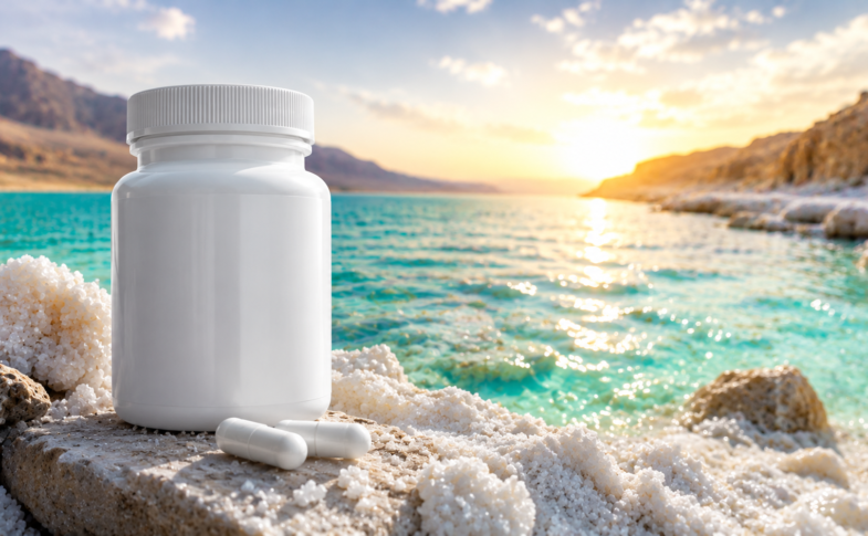 Magnesium supplement bottle and capsules on a mineral-rich Dead Sea shoreline with turquoise water at sunrise
