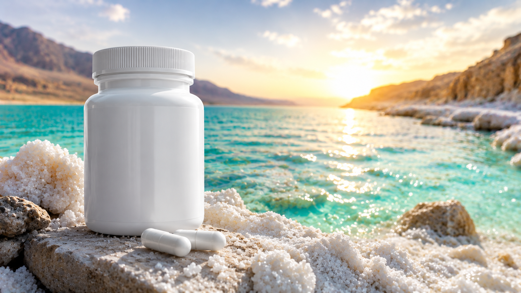 Magnesium supplement bottle and capsules on a mineral-rich Dead Sea shoreline with turquoise water at sunrise