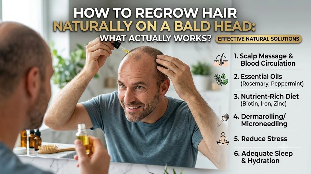 A visual guide on how to regrow hair naturally on a bald head, featuring techniques like essential oils, scalp massage, and a nutrient-rich diet.