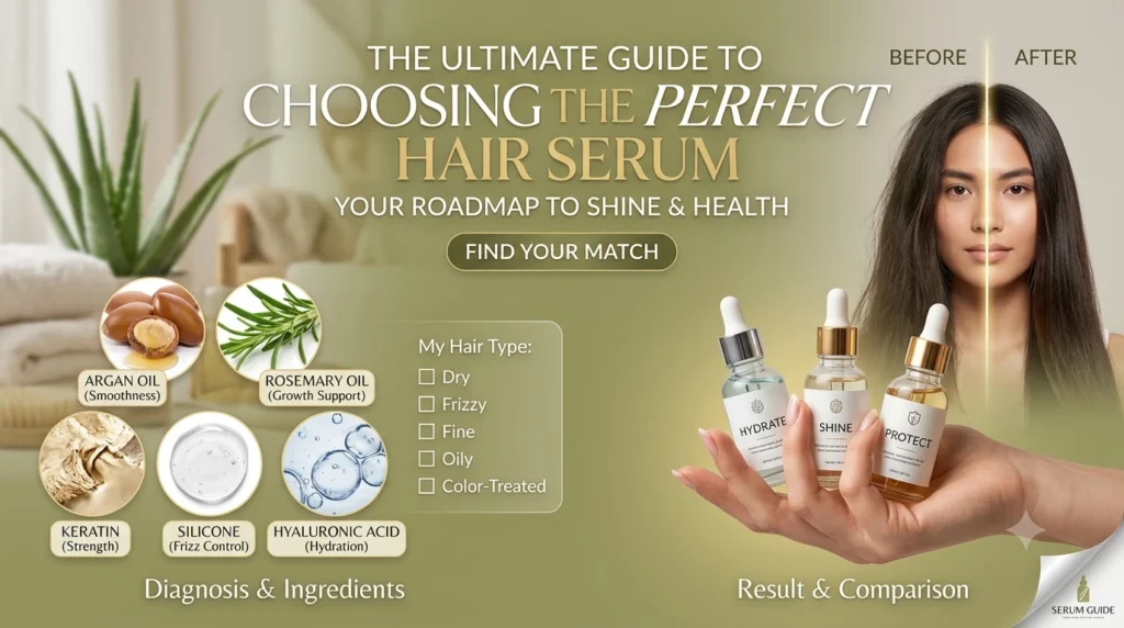 An infographic guide to hair serum choice, comparing Argan oil, Keratin, and Silicone for different hair types, including a before and after comparison of frizz vs. shine.