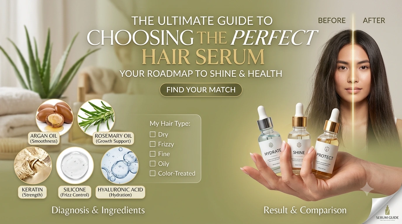 An infographic guide to hair serum choice, comparing Argan oil, Keratin, and Silicone for different hair types, including a before and after comparison of frizz vs. shine.